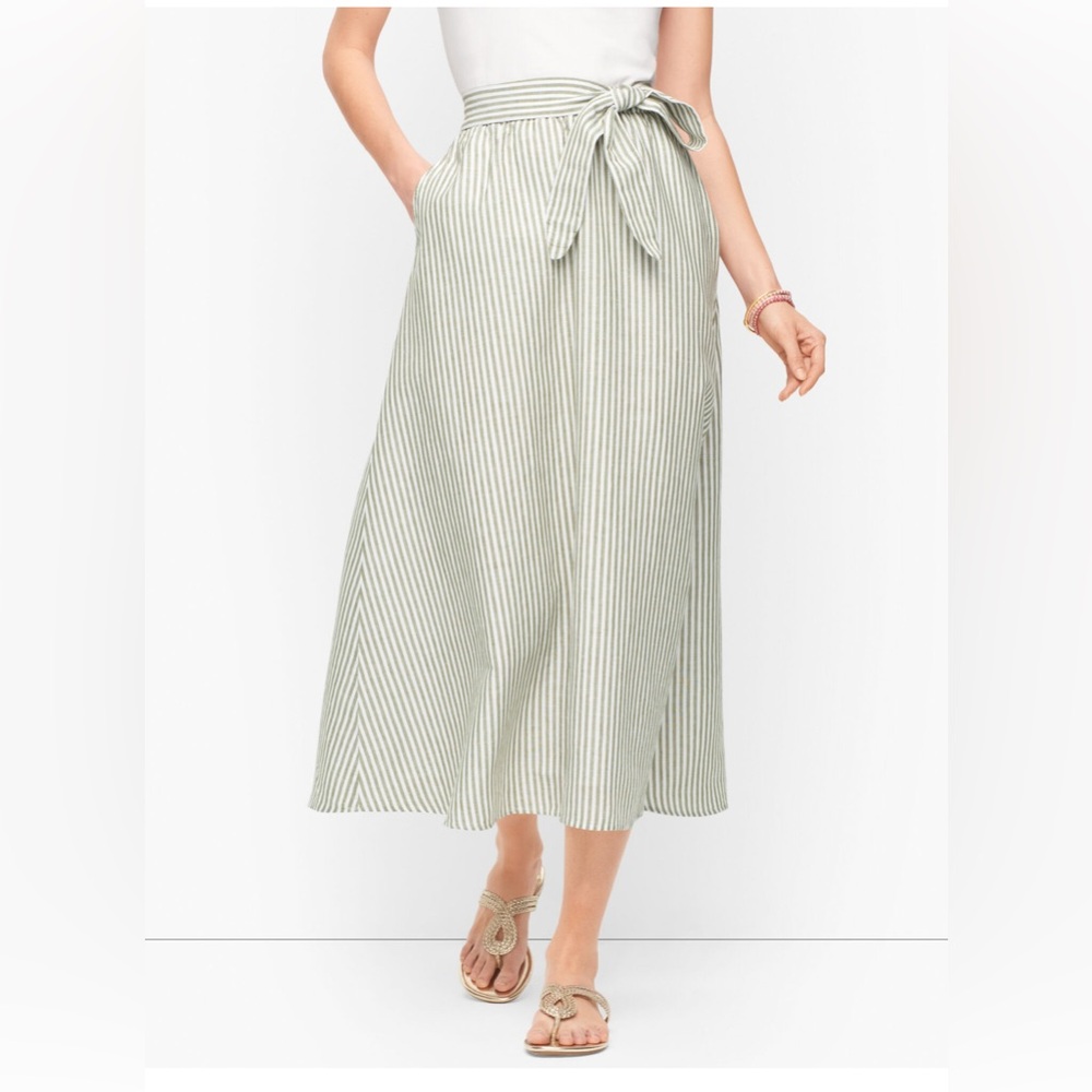 Talbots Green & White Stripe Midi Skirt with Tie Belt
